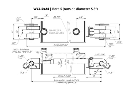 Magister Hydraulic Cylinder 5" Bore x 24" Stroke, Welded Hydraulic Ram with Clevis Ends, Double Acting Hydraulic Piston 3500 PSI (WCL 5x24)