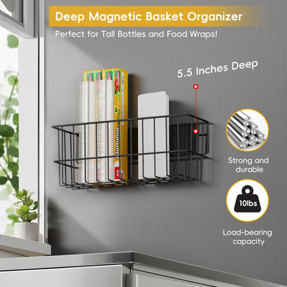 Minicloss Magnetic Spice Rack for Refrigerator - 6 Pack Magnetic Spice Rack with Magnetic Basket & Paper Towel Holder, Strong Magnetic Storage Organizer for Kitchen, Black
