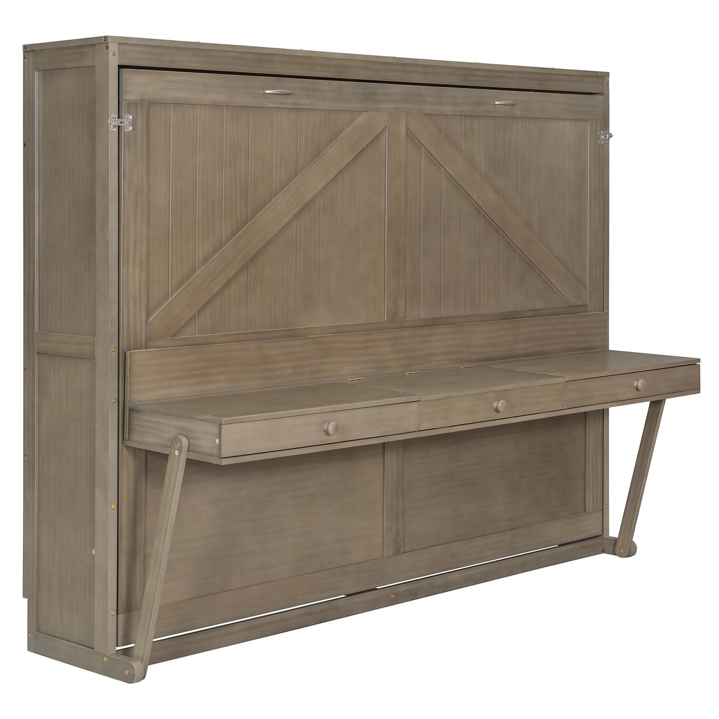 Ball & Cast Murphy Bed Queen W/Built-in Vanity Desk,Murphy Frame Cabinet W/ 2 Side Drawers,Wood Hide Away Wall Bed W/Center Mirror,for Bedroom,Home Office,Home Gym,Distressed Gray