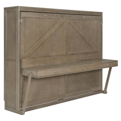 Ball & Cast Murphy Bed Queen W/Built-in Vanity Desk,Murphy Frame Cabinet W/ 2 Side Drawers,Wood Hide Away Wall Bed W/Center Mirror,for Bedroom,Home Office,Home Gym,Distressed Gray