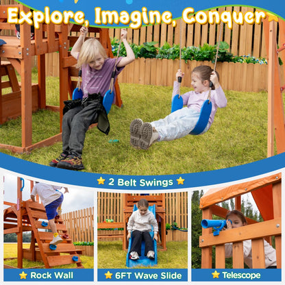 Dolphin Playground Cedar Wooden Swing Sets, Outdoor Playset with Monkey Bar, Heavy Duty Backyard Playset for Kids 3-10, 2-in-1 Picnic Table, 6FT Wave Slide, Climbing Wall, Belt Swings