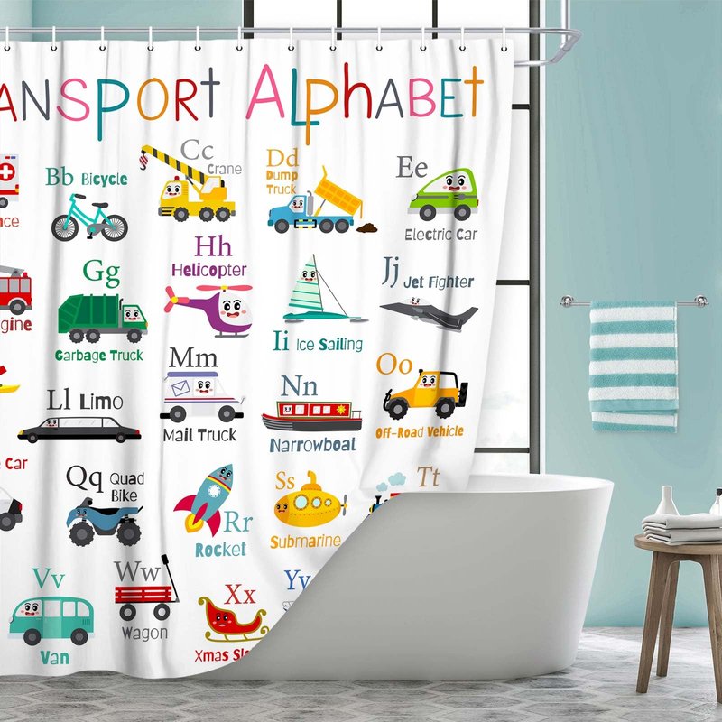 Grtuspr Vehicles Alphabet Shower Curtain for Kids, Kid Excavator Tractor Machinery Trucks Curtain, Construction Vehicle Boys, Bulldozer Crane Bath Equipment Truck