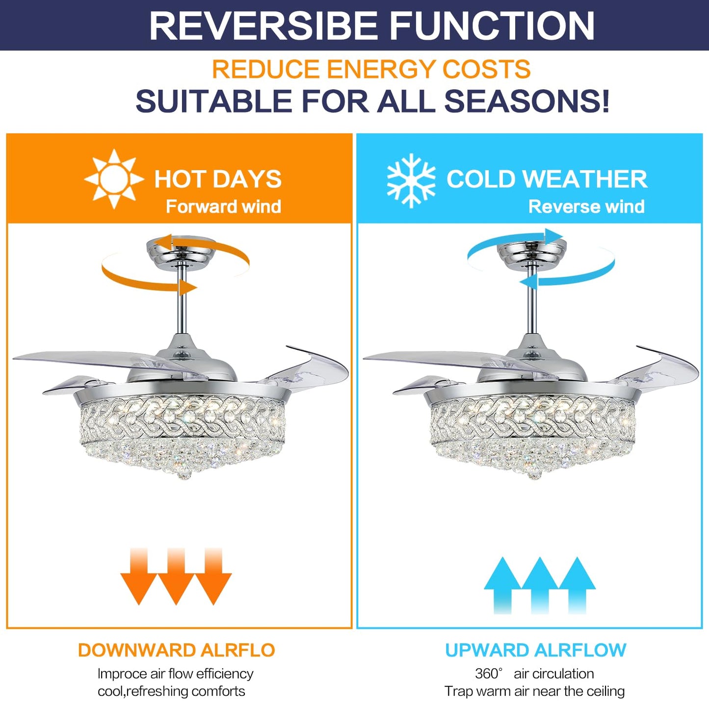 PAFRUMGE 52" Crystal Ceiling Fan with Light and Remote，Dimmable Fandelier with Invisible Retractable Blades, Modern Chandelier Ceiling Fans with Lights for Bedroom Living Room 6 Speed Chrome