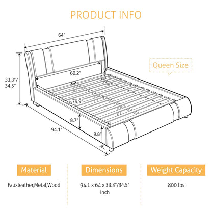 SHA CERLIN Modern Faux Leather Queen Bed Frame with Adjustable Headboard and Iron Accents, Deluxe Upholstered Platform Bed with Solid Wooden Slats Support/No Box Spring Needed, Black
