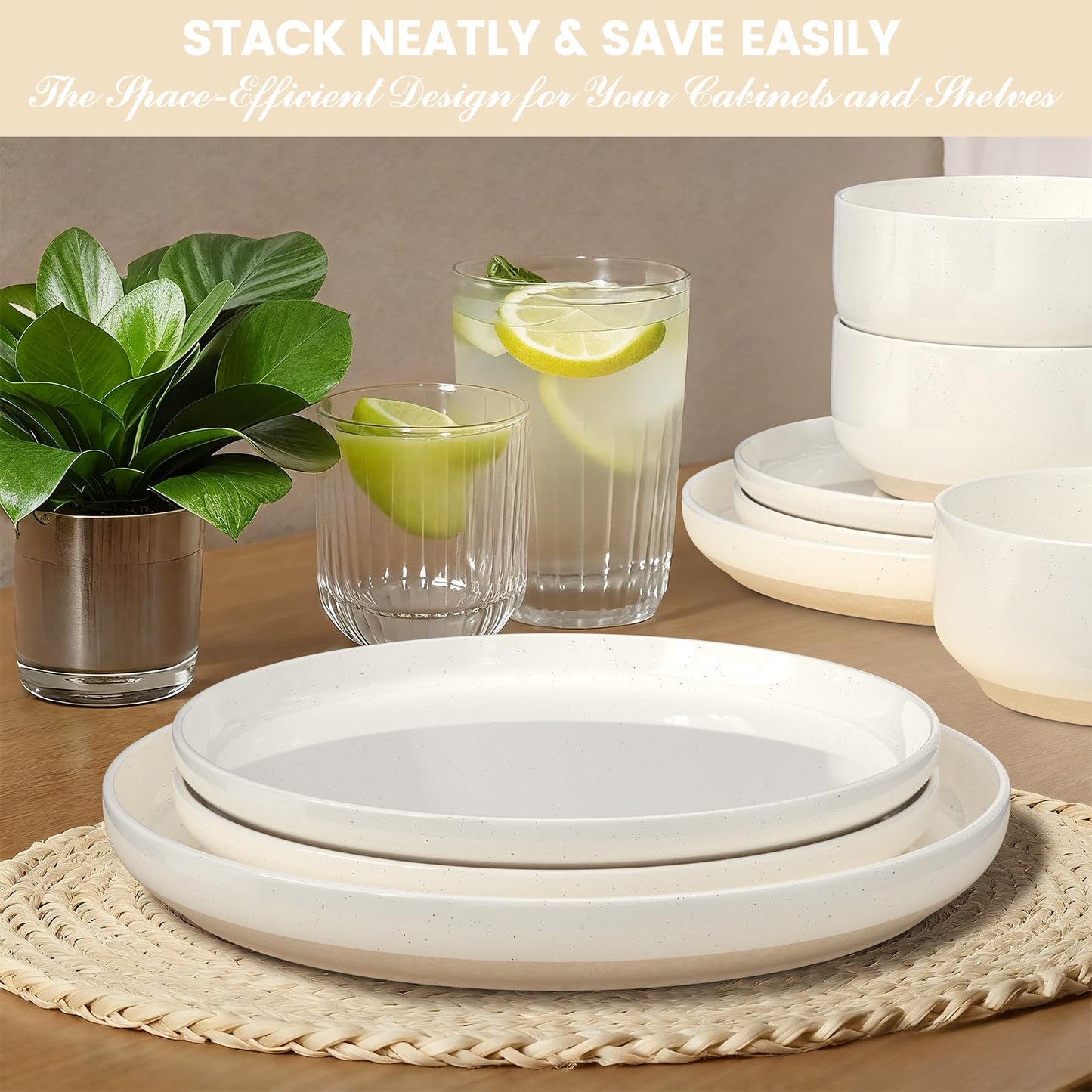 Plates and Bowls Sets, Dinnerware Sets for 4, 12 Pieces Scratch Resistant Dishware Dishes Set, Ceramic Kitchen Dinner Set, Porcelain & Microwave and Dishwasher Safe, Cream White