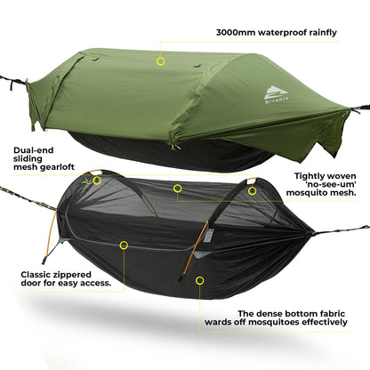 Rivenlo Camping Hammock Tent with Mosquito Net & RainFly, 3 in 1 Waterproof Lightweight Portable Sleeping Hammock Bug Backpacker Travel Outdoor Gear with Tree Strap Swing, for Hiking Patio Expedition