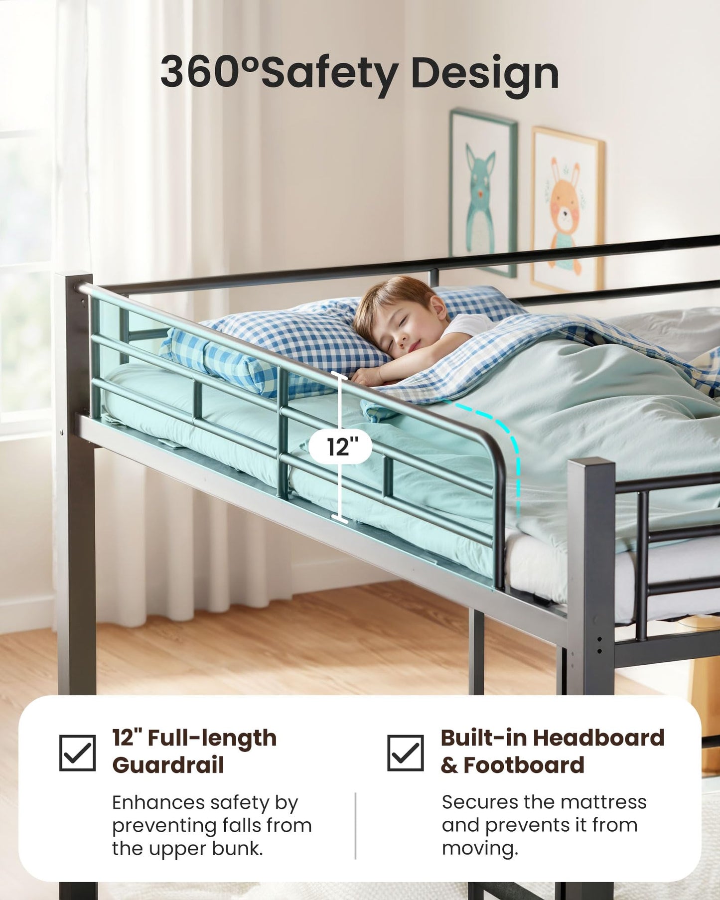 Mixcous Queen Over Queen Bunk Bed, Heavy Duty Metal Queen Bunk Bed Frame with Full-Length Guardrails & EVA Anti-Slip Ladder for Adults, Noise-Free, No Box Spring Needed, Black