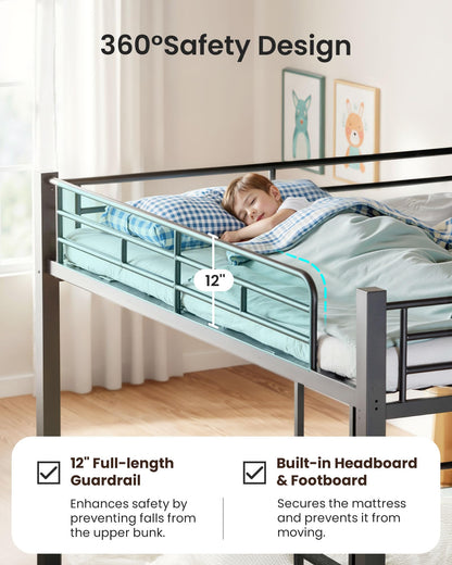 Mixcous Queen Over Queen Bunk Bed, Heavy Duty Metal Queen Bunk Bed Frame with Full-Length Guardrails & EVA Anti-Slip Ladder for Adults, Noise-Free, No Box Spring Needed, Black