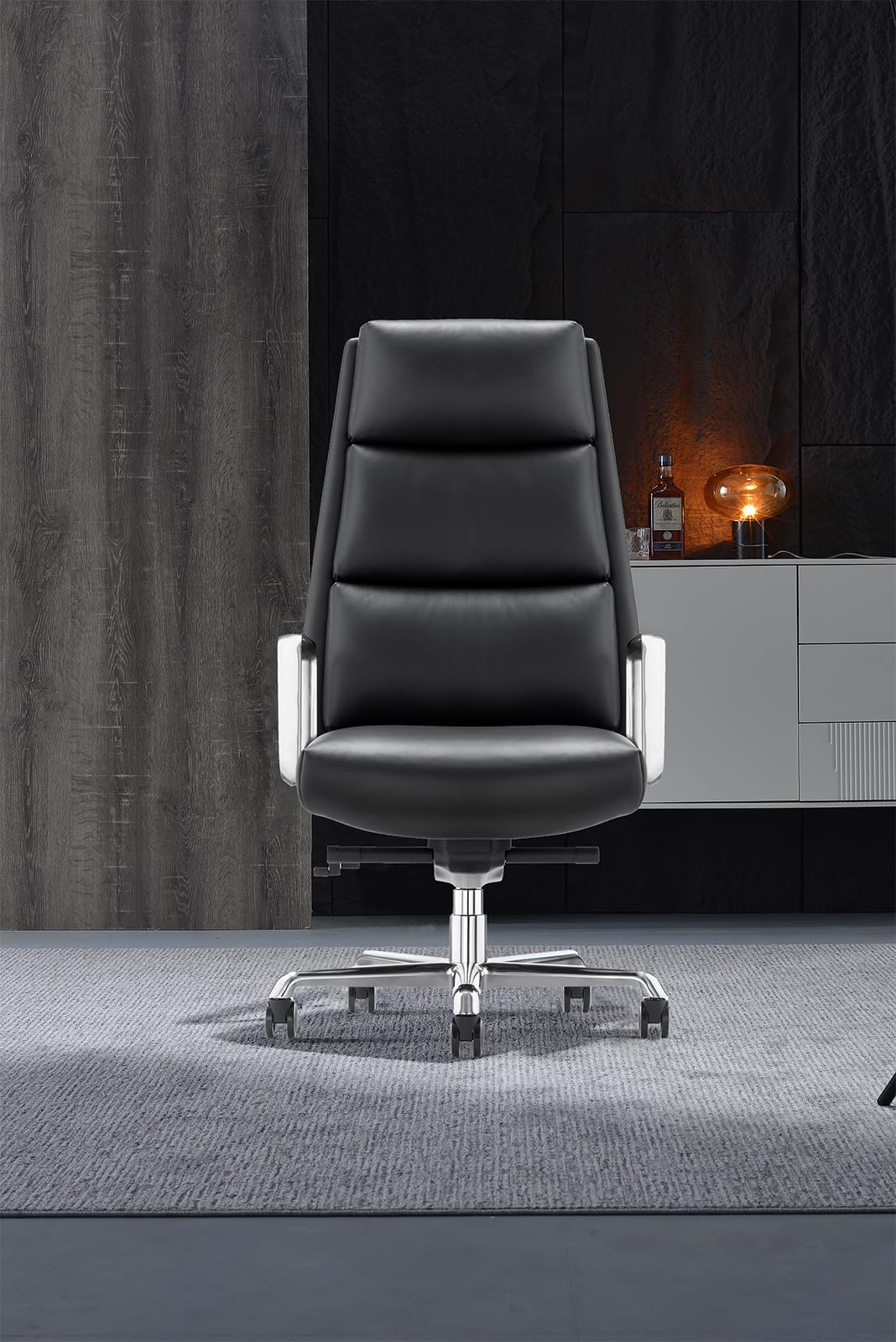 FURIJING Genuine Leather Aluminum Base High Back Executive Chair,Modern Ergonomic Real Leather Office Chair Boss Executive Chair with Synchro-Tilt Mechanism-Black.