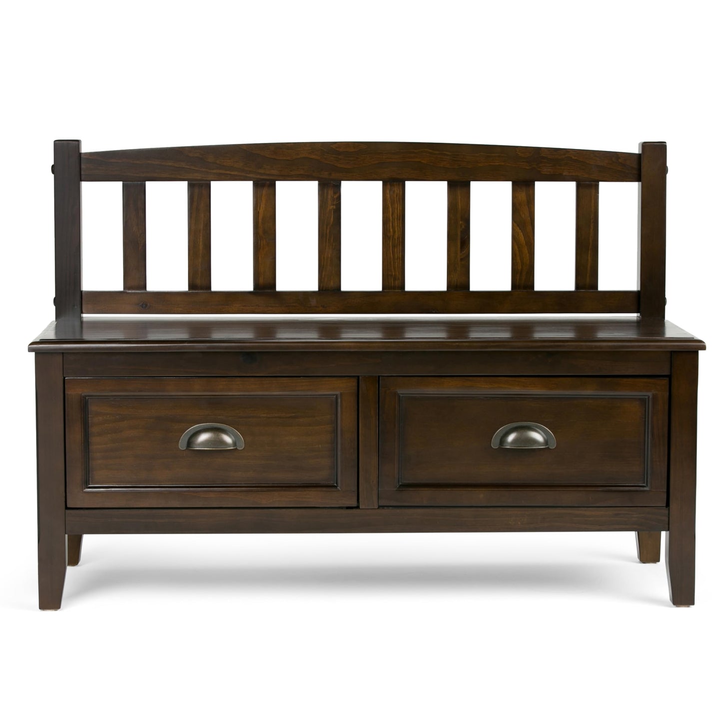 SIMPLIHOME Burlington Entryway Storage Bench - 42 inch Wide Solid Wood Storage Seat with Drawers in Mahogany Brown, Transitional Bench for Entryway or Living Room with Bronze Handles and Tapered Legs