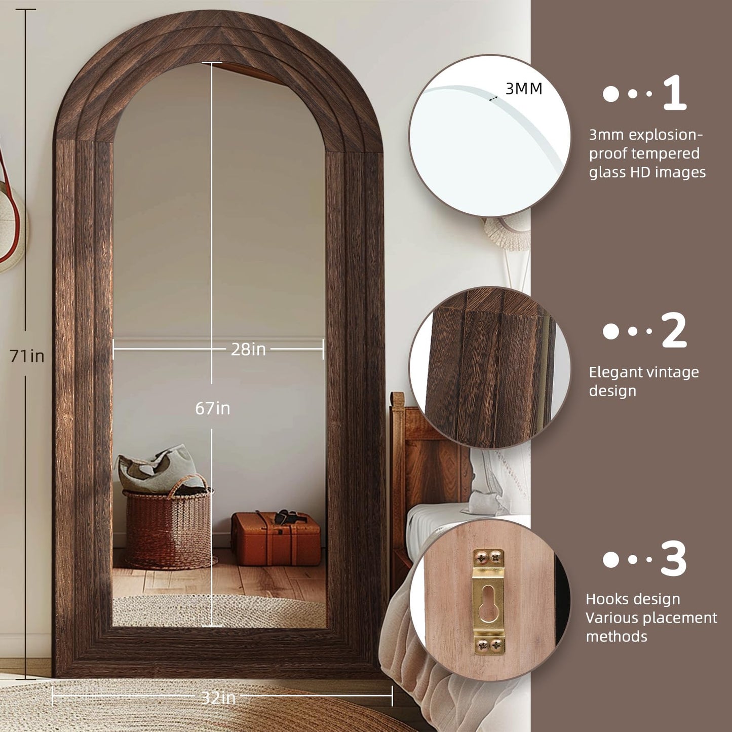 ZHUNFA Arched Full Length Mirror with Solid Wood Frame, 71x32 Farmhouse Wall Mounted Floor Mirror with Stand, Vertical Hanging, Leaning Standing for Bedroom, Living Room, Brown