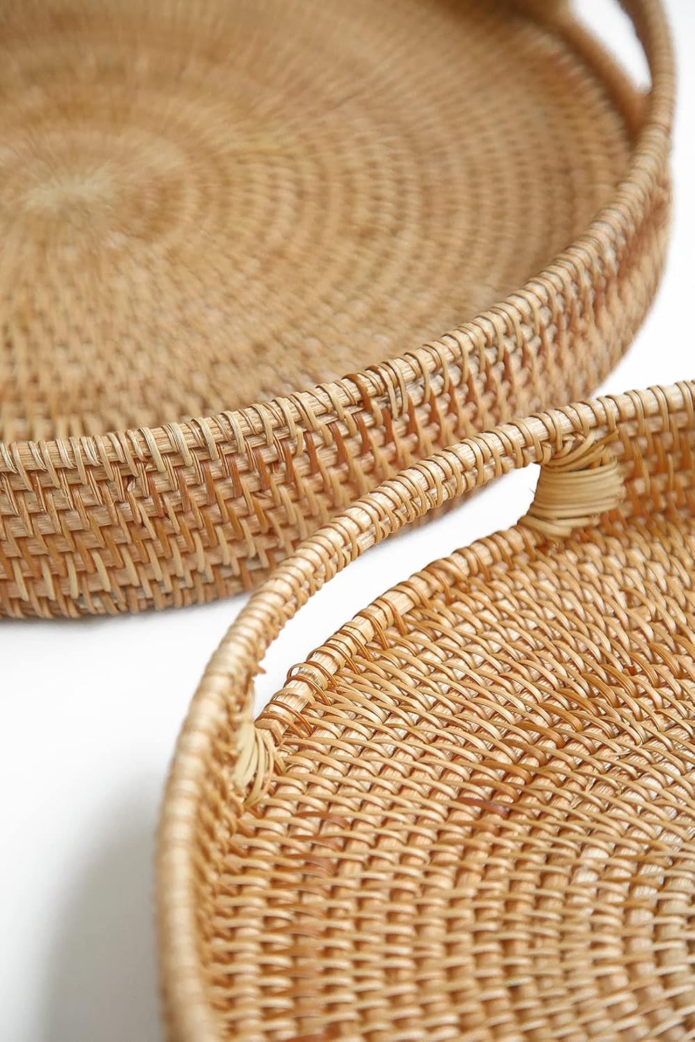 14.2" HITOMEN Hand-Woven Round Rattan Serving Tray Decorative Ottoman Wicker Platter with Handles for Coffee Table