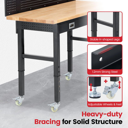 ENJOYWOOD Work Bench with Wheels 60 x 22 Inch Heavy Duty Rubberwood Tabletop Work Table Adjustable Height Garage Workbench with LED, Drawers, Pegboard, Power Outlets for Woodworking Shop, Home, Office