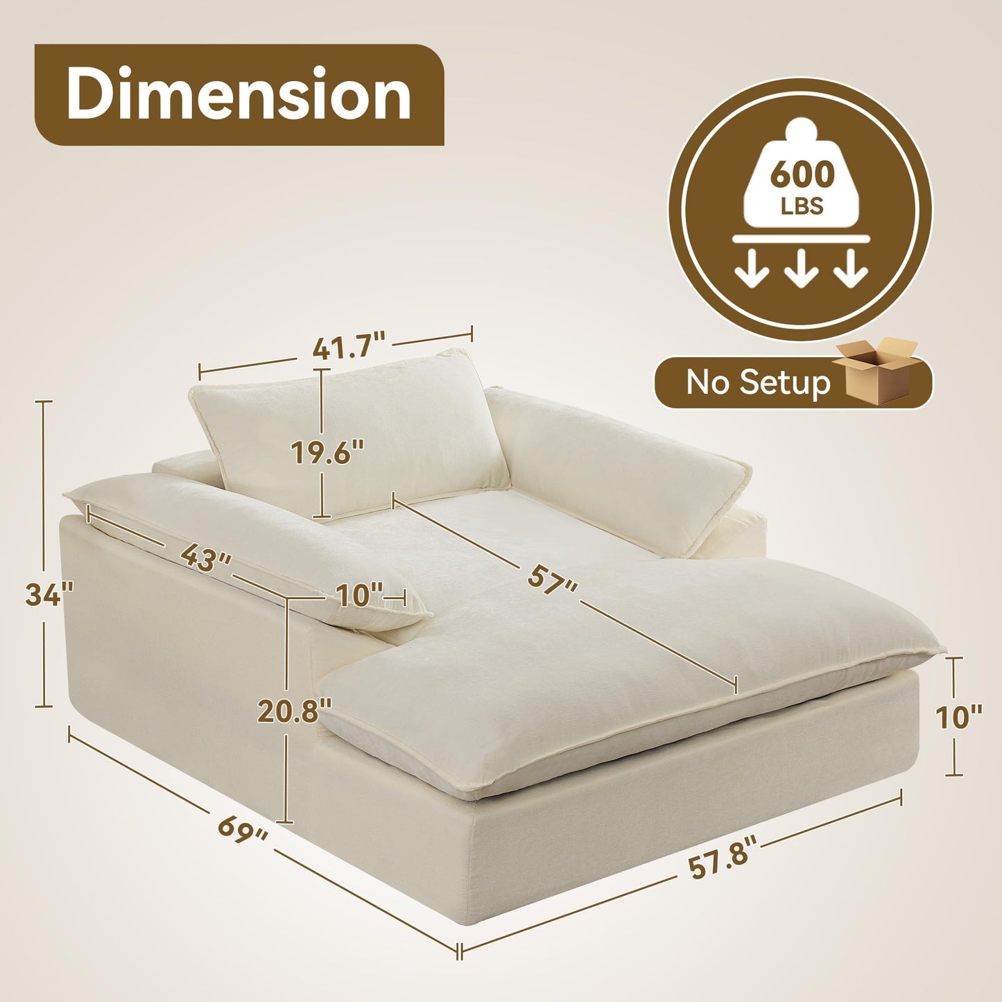 WUTUTUEE 69" Oversized Chaise Lounge Chair Indoor, No Assembly Beige Lounge Couch, Chenille Upholstered Sofa Bed with Pockets, Oversized Reading Chair with Ottoman for Living Room, Bedroom, Office