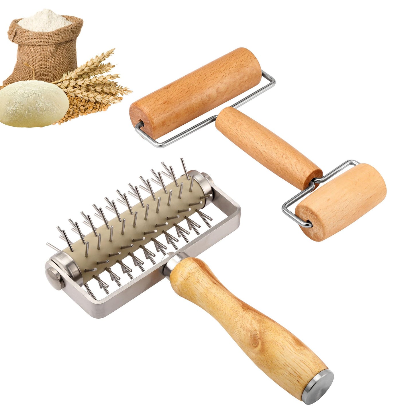 WarmHut 2Pcs Pizza Dough Roller & Dough Docker, Wood Rolling Pin Stainless Steel Dough Hole Puncher for Pizza, Pie, Pastry, Bread, Pasta, Cookie, Crust, burlywood, JKUS20407