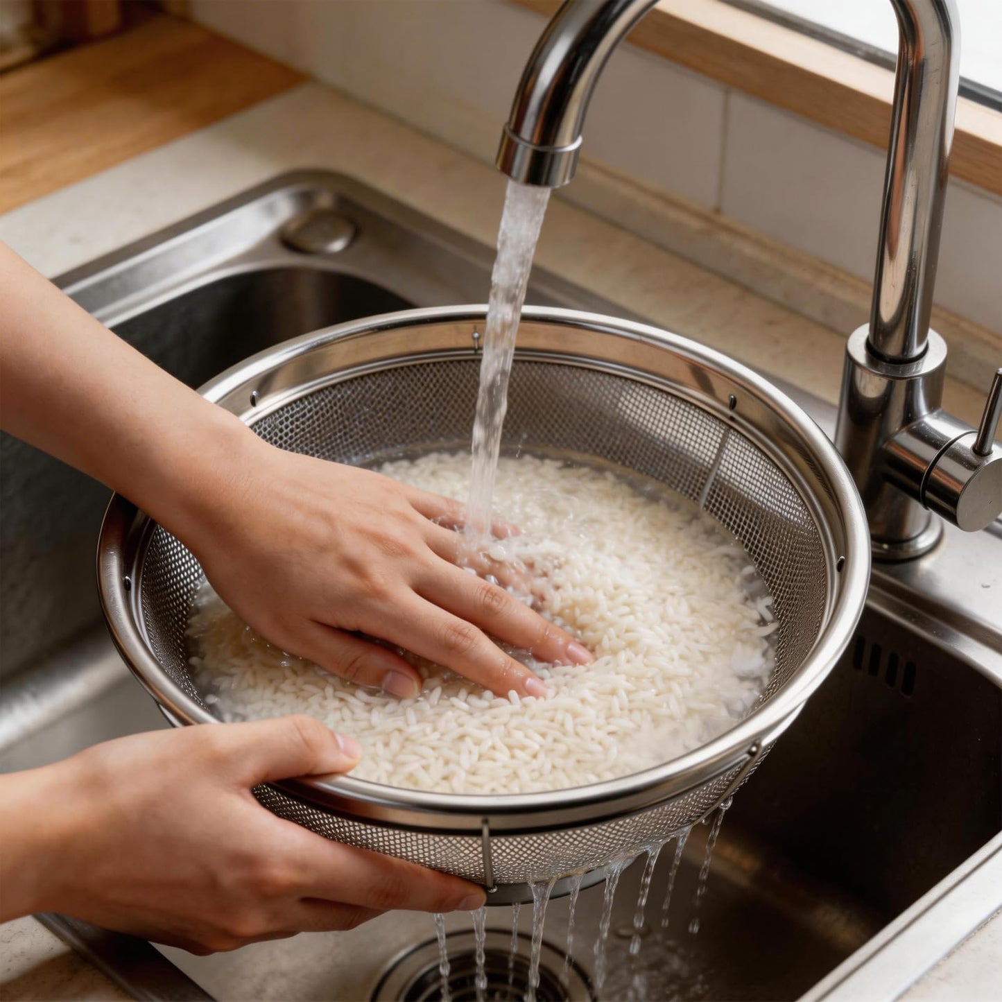 Fine Mesh Strainer for Kitchen, 4 Quart Stainless Steel Colander Bowl for Pasta, Rice, Fruit, Metal Net Baskets with Resting Base - Strain, Drain, Rinse