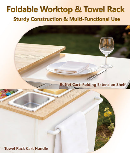 kaiwrxin Charcuterie Cart with 12 Removable Stainless Steel Food Containers, Foldable Worktop & Towel Rack, 360° Lockable Wheels, Large Storage Sideboard for Dining Room, Kitchen, Living Room (M)