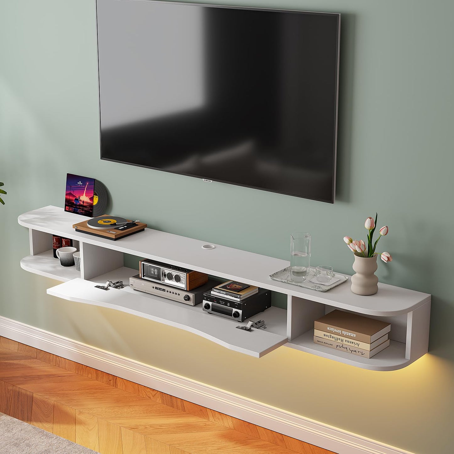 FurniNova 70'' Floating TV Stand, Modern Wall Mounted Media Console for 75 inch TV,Floating Entertainment Center with Storage,Under TV Shelf for Living Room Bedroom,White