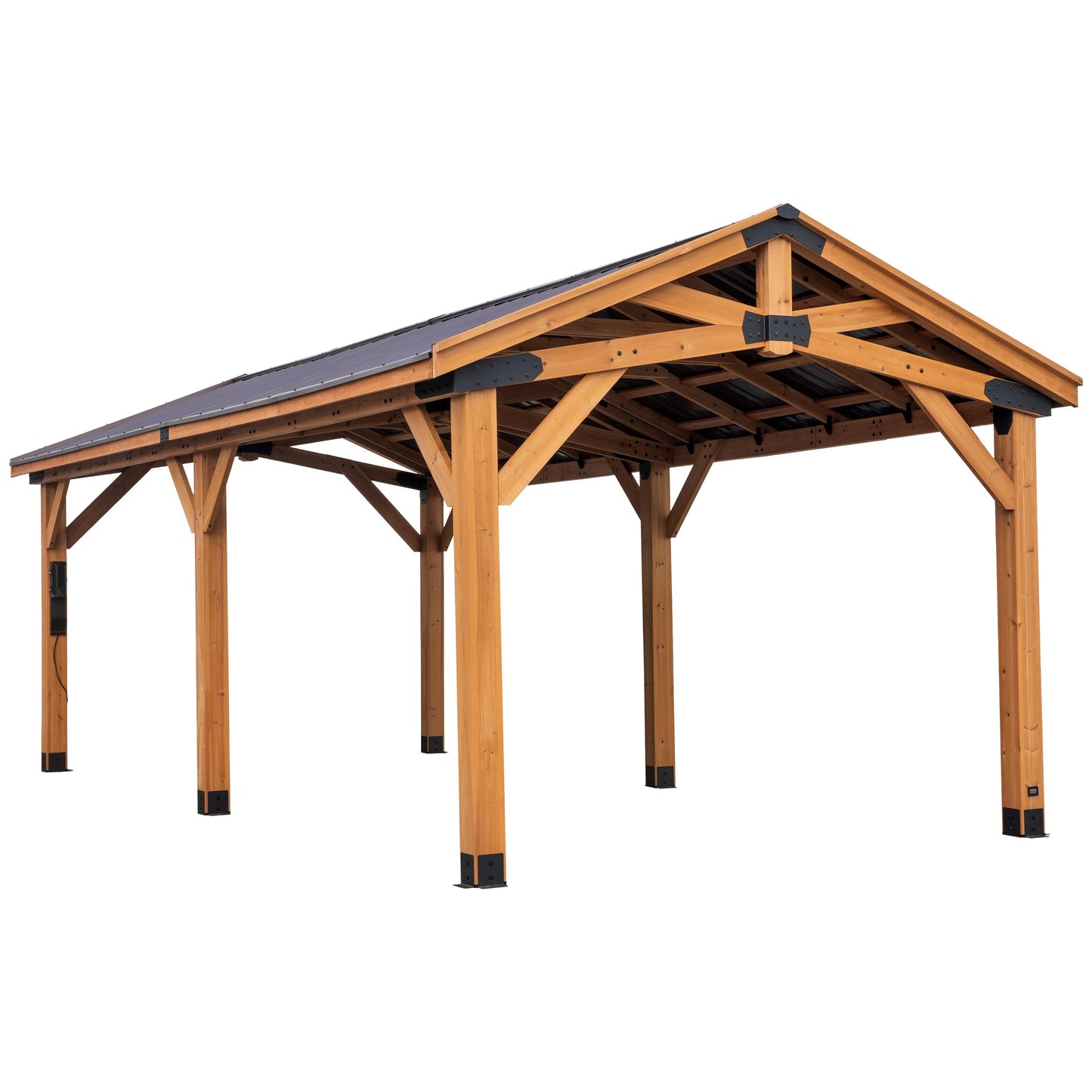 Backyard Discovery Norwood 24' x 12' Cedar Wood Outdoor Gazebo Pavilion with Hardtop Galvanized Steel Peak Roof, Snow Support, Wind Resistance, PowerPort, Shade for Garden, Patio, Deck, Entertaining