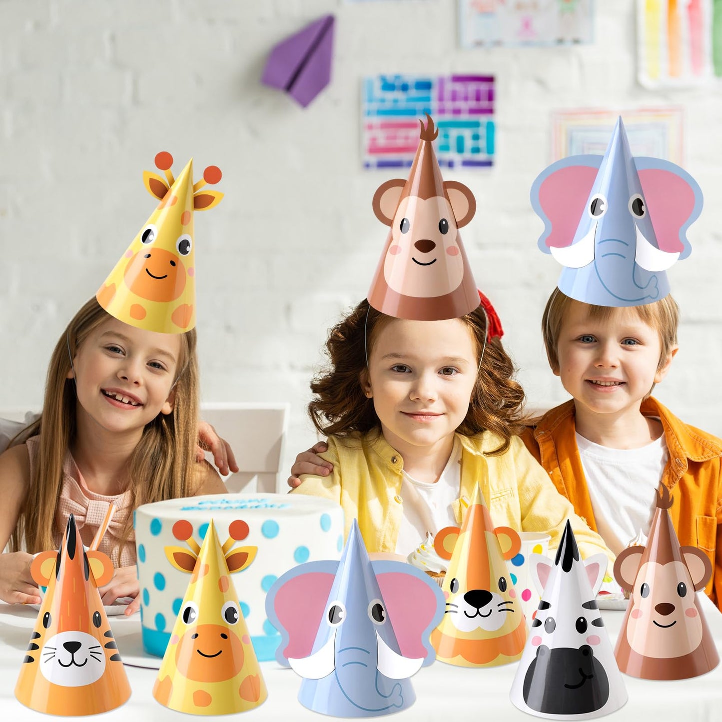 ojustbeok 24PCS Jungle Animal Party Hats Jungle Safari Birthday Cone Hat Safari Headwear Zoo Birthday Party Supplies for DlY Animal Theme Paper Hat Headbands Baby Shower Cartoon Decorations Favors