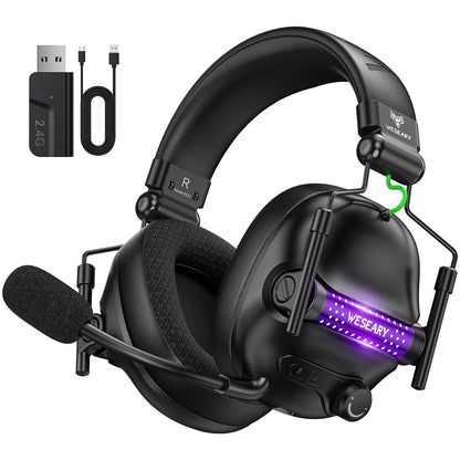 WESEARY WG2 Wireless Gaming Headsets with Microphone for PS5, PS4, PC, Switch, Mac, Crystal Stereo Bluetooth Headphones, Wireless Headset 2.4GHz with Lossless Audio, 50 Hr Battery, Cool LED