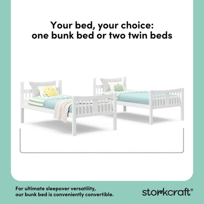 Storkcraft Caribou Bunk Bed Twin Over Twin Bunk Bed (White) - GREENGUARD Gold Certified, Twin Bunk Beds for Kids, Converts to 2 Individual Twin Beds, Bunk Beds for Kids