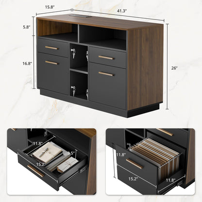 ModernMate 4 Drawer File Cabinet, Wood Filing Cabinet for Home Office with Lock, Power Strip, Storage Shelves, Home Office Lateral File Storage Fits A4/Letter Size, Black Walnut