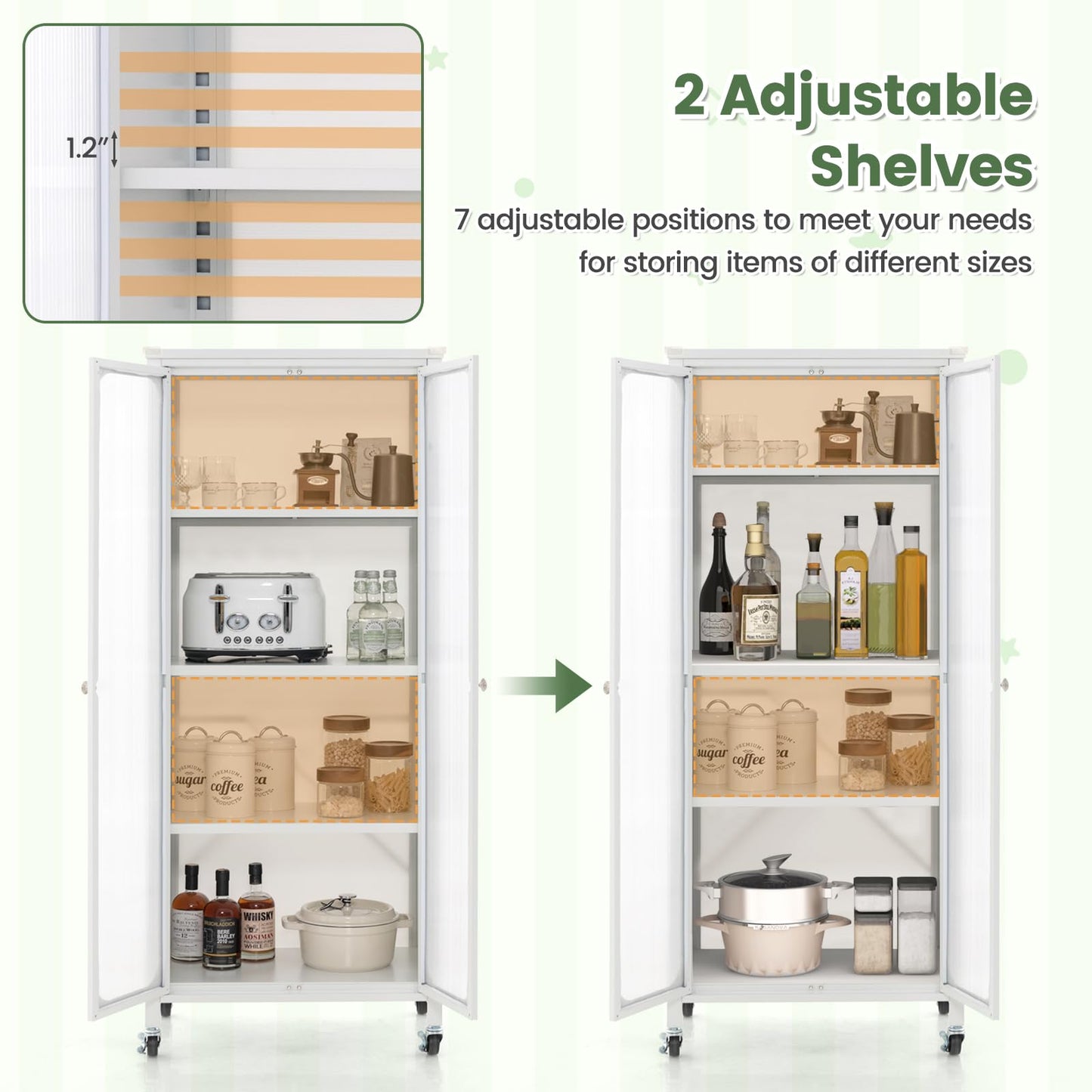 Giantex Bookcase with Doors, 58" Tall 4-Tier Bookshelf with Wheels, Adjustable Shelves, Heavy Duty Metal Frame, Freestanding Display Storage Cabinet for Living Room Bedroom Kitchen Pantry (White)