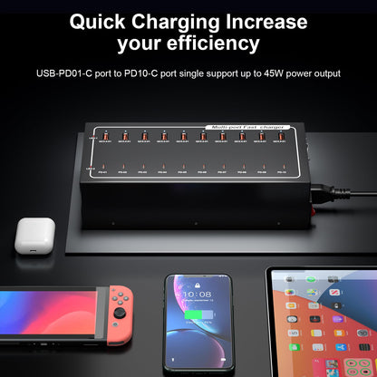 20-Port Fast Charging Station 400W, USB C and USB A Charger Dock with Smart Power Distribution Technology，for Multiple Devices, PD/QC Fast Charging Support