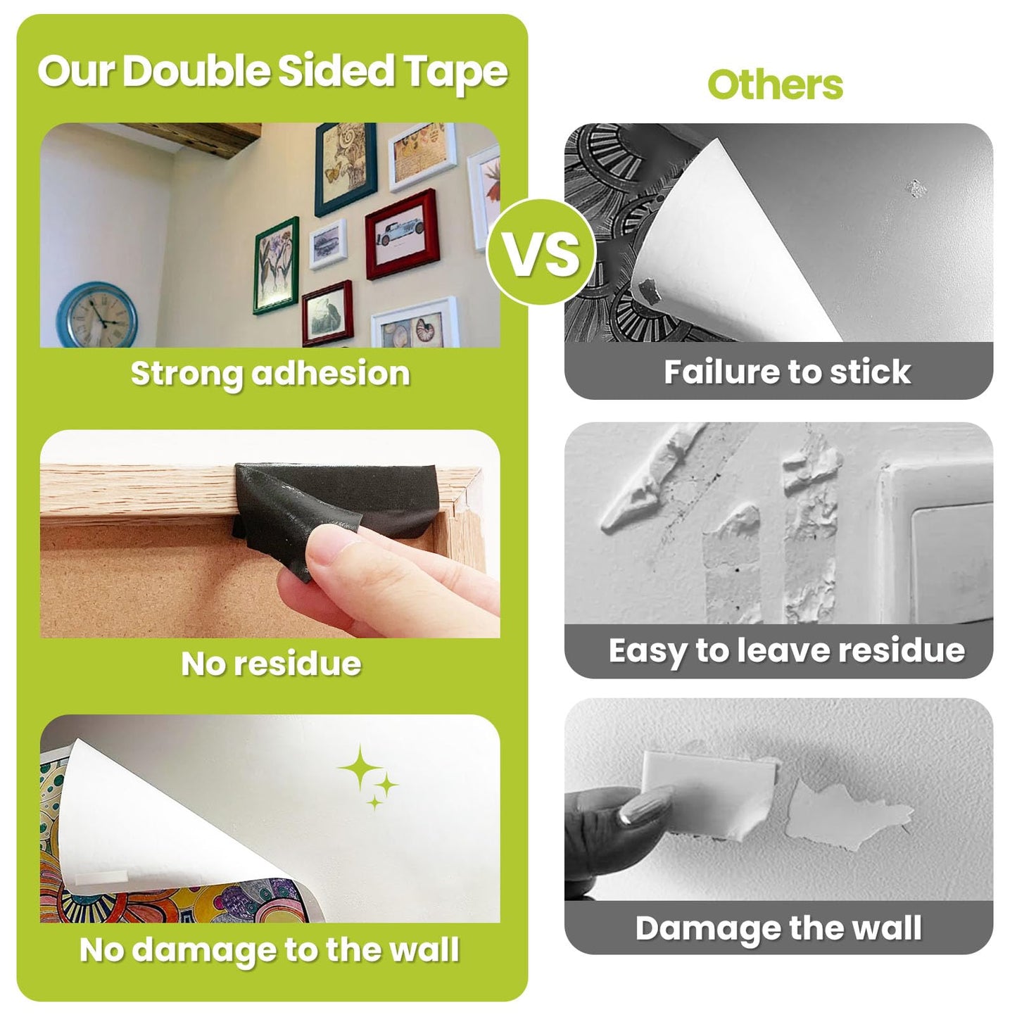 Double Sided Tape Heavy Duty, Damage Free Mounting Tape No Residue, Removable Foam Tape Strips, Picture Hanging Adhesive Strips Waterproof for Walls Home Office Decor Crafts Carpet Poster,0.39"×16.5Ft