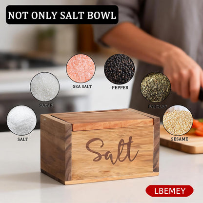 Acacia Wood Spice Box with Lid and Built-in Spoon for Kitchen Countertop, Rectangle Farmhouse Kitchen Decoror for Storing Salt, Peppers, Sugar or Seasonings, Brown (Brown (Labeled - “Salt”))