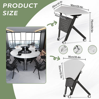 JFazzruit Folding Conference Table,Fan-Shaped Conference Room Tables with Wheels, Mobile Modular Seminar Meeting Desk for Classrooms,Office & Seminar (6, Fan-White)