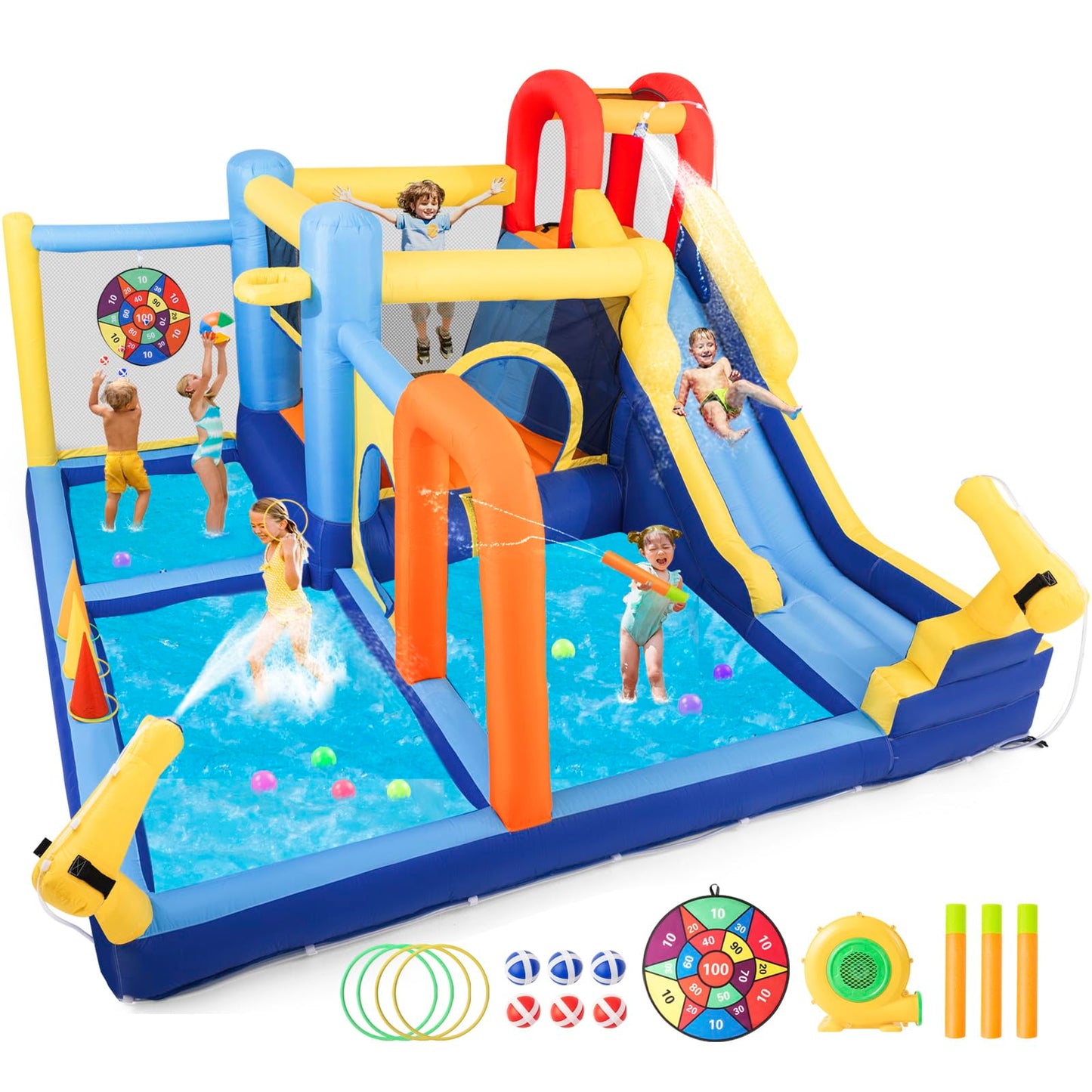 JOYLDIAS Inflatable Water Slide,Water Park Bounce House,Slide Bouncer Castle Playhouse w/Splash Pool, Climbing Wall, Trampoline，Felt Ball Target, Ring Toss Game for Kids Outdoor Fun, 550W Air Blower