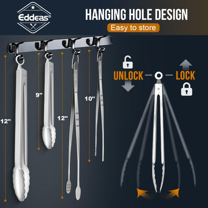 Eddeas Tongs For Cooking - Heat Resistant 600 Degrees, All Metal Kitchen Tweezers Tongs, Heavy Duty Stainless Steel Cooking for Food, Grill, BBQ, Dishwasher safe Set of 4 (12" & 9in)