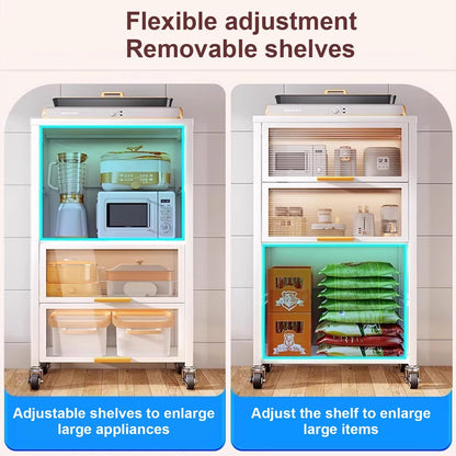 LMMIAMZ Foldable Microwave Stand with Flip Door Rolling Kitchen Storage Shelf & Bakery Cart on Wheels Space-Saving Oven Rack for Easy nization & Storage Solutions