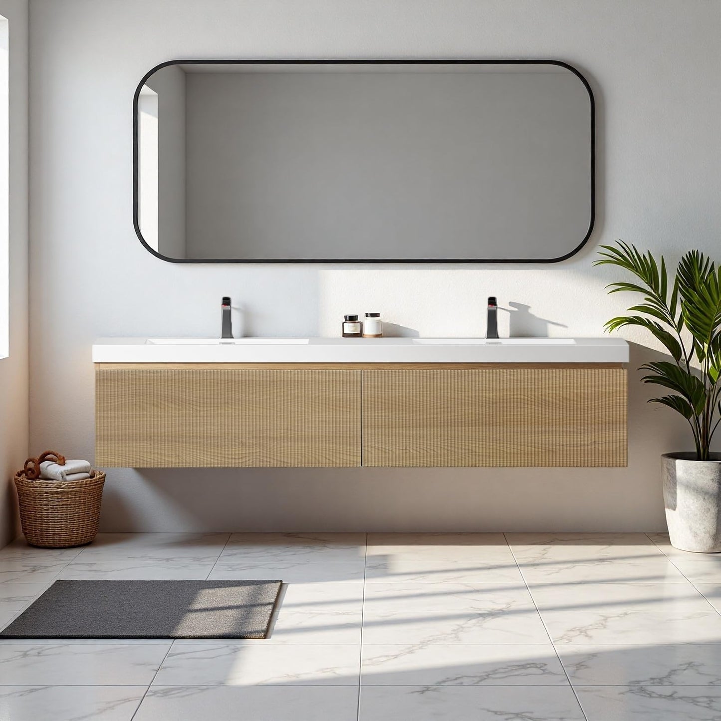 Trygoal 72'' Floating Bathroom Vanity with Sink, Wall-Mounted Bathroom Storage Cabinet with 2 Soft-Close Striped Drawers & Double Solid Surface Basins, Natural Oak Body with Internal Handle, Wood