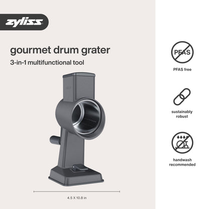 Zyliss Rotary Cheese Grater, Aluminium, 3 Steel Drum Blades, Cheese, Vegetable, Chocolate, Nut, Fruit Grater with Handle, Non-Slip Suction Foot and Table Clamp, 5 Year Guarantee