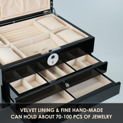 SYENS Jewelry Box with Fingerprint Lock, Black Wood Piano Lacquer Jewellery Organizer Storage Box with Drawer, 3-layer Full Lockable, for Women or Men's gift