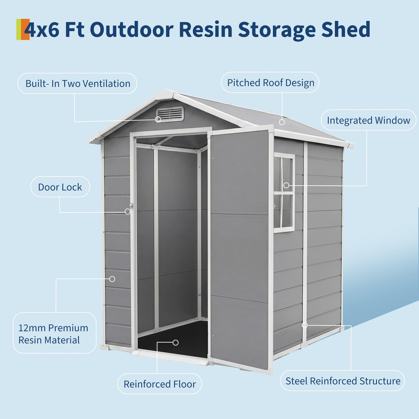 4x6 ft Outdoor Resin Storage Shed with Floor, Lockable Door & Window, Sloping Roof, Plastic Outdoor Sheds with Floor Garden Shed for Backyard Patio Lawn Mower Bike Tool Storage