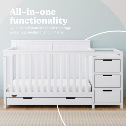 Graco Hadley 5-in-1 Convertible Crib & Changer – GREENGUARD Gold Certified, Fits Standard Crib Mattress, Converts to Toddler Bed and Full Bed, 4 Adjustable Mattress Heights (White)