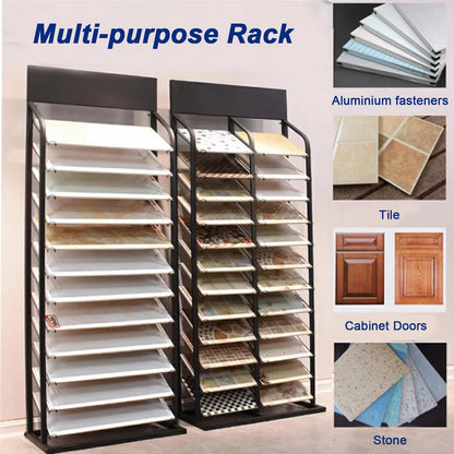 CVGfko Large Format Cabinet Samples Display Rack, Building Material Organizer Shelf with 12 Card Slots, Floor Standing Wooden Board Door Sample Holder for Retail Stores/Trade Show,Black,36x40x185cm