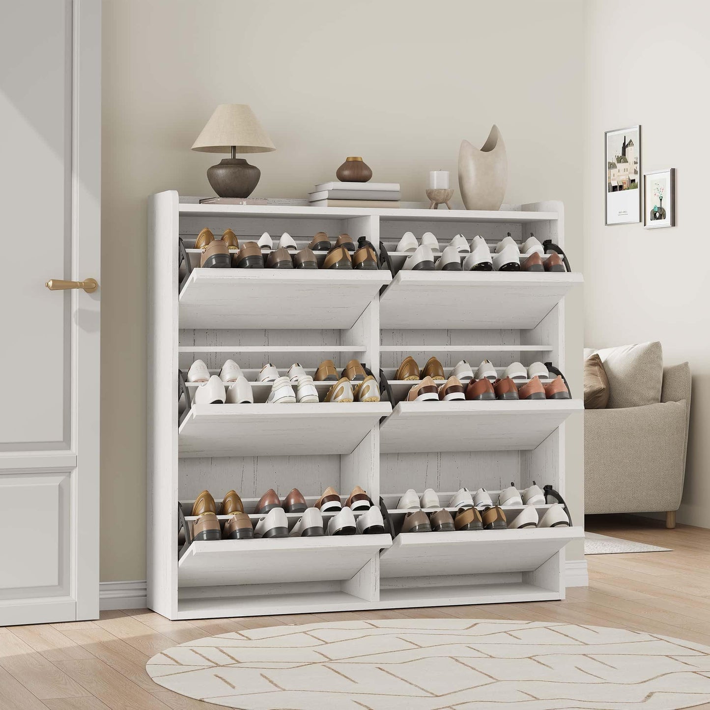 CABIHOME Shoe Cabinet with 6 Flip Drawers, Narrow Cabinet with Adjustable and Removable Shelves, Modern Wooden Shoe Organizer with Hidden Handle for Entryway, Hallway, Living Room, Antique White