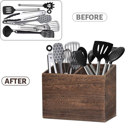 Wooden Kitchen Utensil Caddy with 2 Compartments, Rustic Holder for Kitchen Countertop, Wood Organizer Box