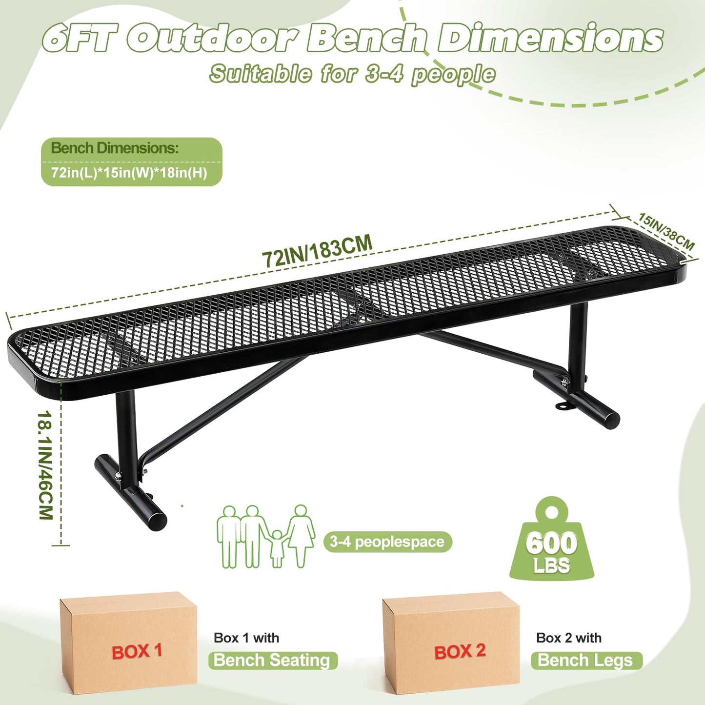 Gaonala Heavy Duty Outdoor Metal Garden Park Bench, Steel Picnic Bench, Metal Mesh Outdoor Bench Porch Chair for Garden, Lawn, Patio, Porch, Park, Yard, Patio (Black, 6FT)
