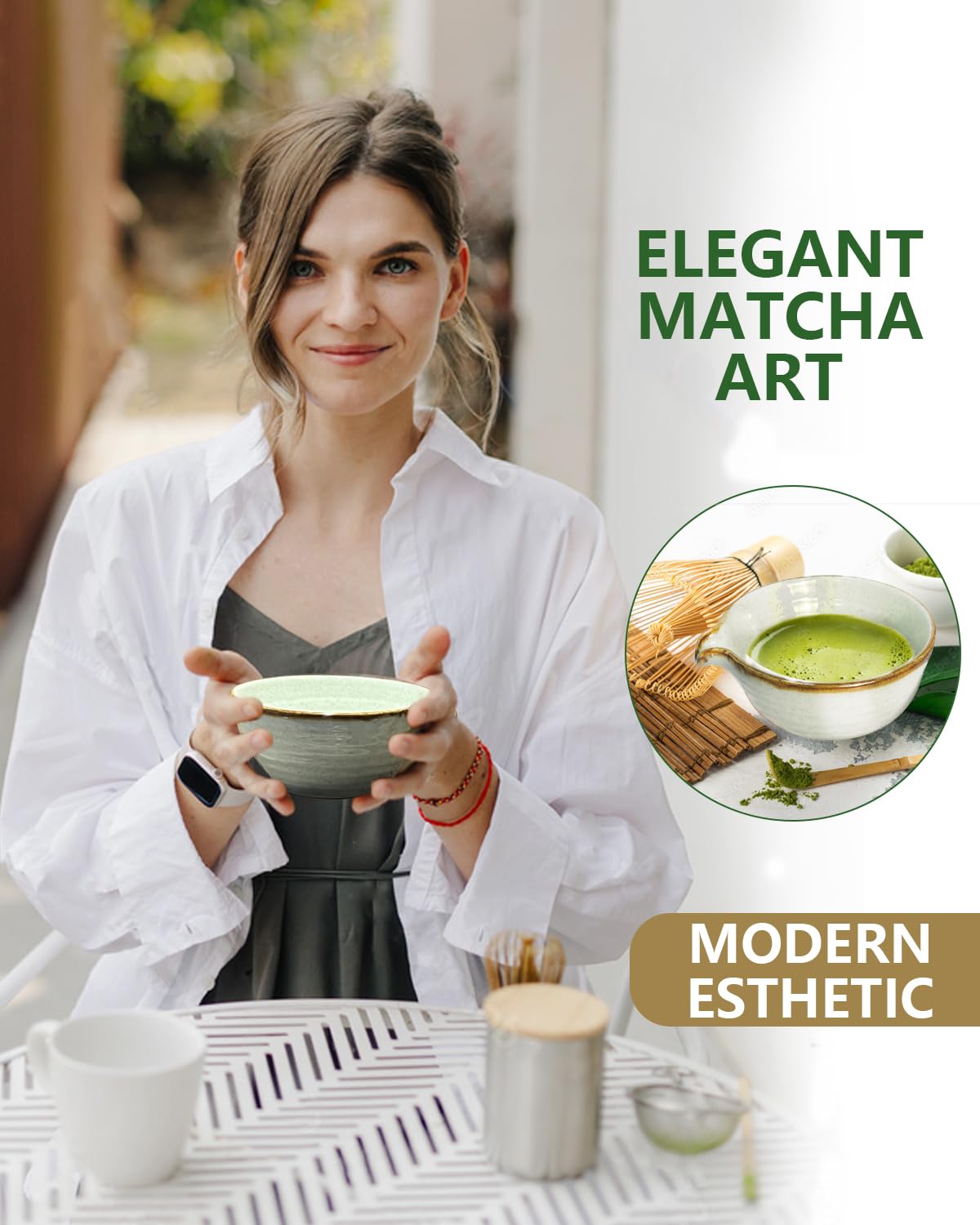 Taruzil Matcha Whisk Set with Matcha Bowl, Matcha Bamboo Whisk, Scoop, Sifter, Matcha Whisk Holder Unique Gifts for Women Mom Her Girl Friend Home Kitchen Decor Gifts for Christmas, Birthday
