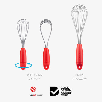 Dreamfarm Mini Flisk 3-in-1 Fold-Flat, Space-Saving Baking & Cooking Balloon Whisk, Sauce Whisk & Flat Deglazing Whisk, Stainless Steel - 9" Red