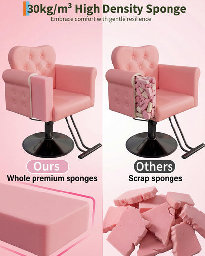 Garvee Salon Chair for Hair Stylist, PU Leather Barber Chair with 360° Swivel, Tufted Button, Metal Round Base, Hydraulic Lift, Supports Up to 330 Lbs, for Barbershop, Beauty Spa, Home, Pink