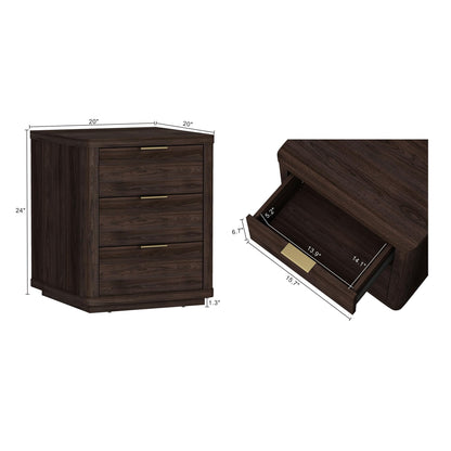 Manhattan Comfort Evelyn Set of 2 Nightstands with Full Extension Drawers, Minimalist Bedside Table with Rounded Corners and Raised Base, Modern Night Stand for Bedroom, or Living Room in Brown