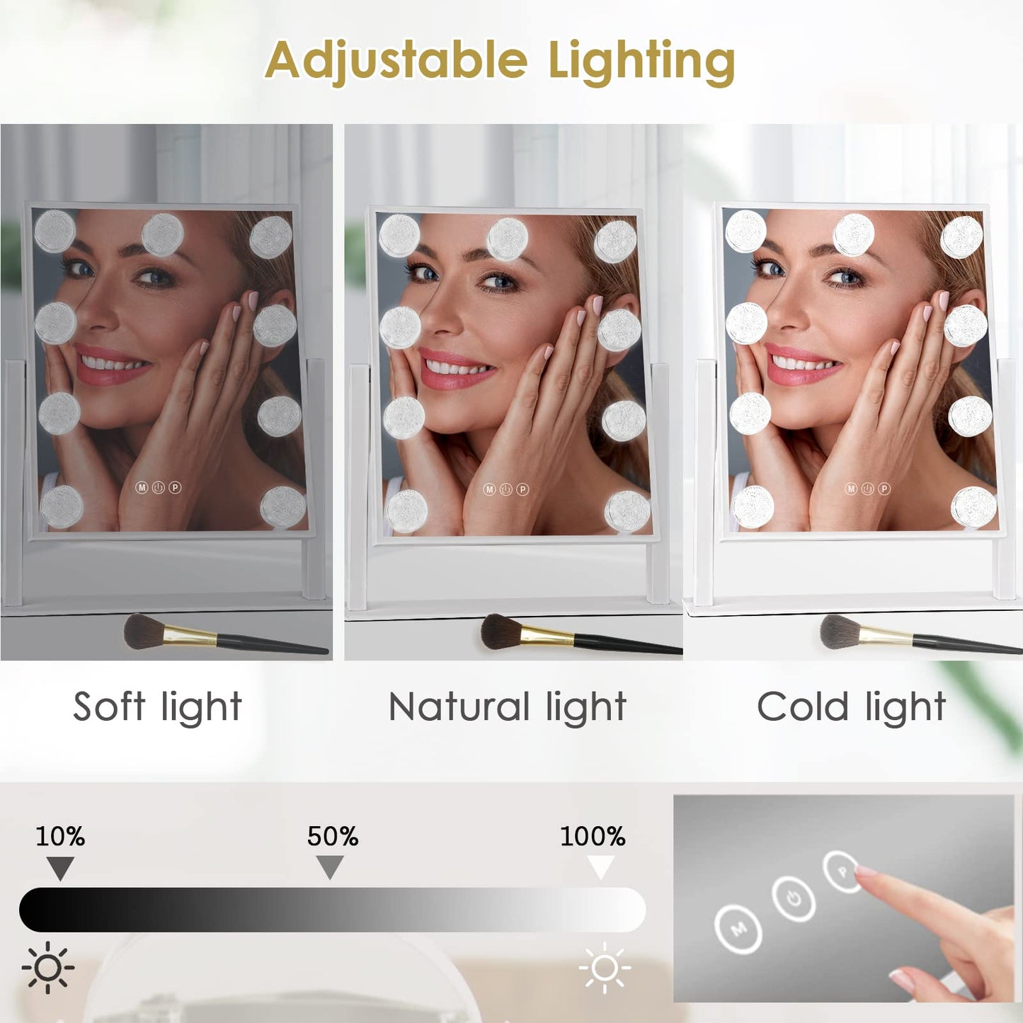 Lighted Makeup Mirror Hollywood Mirror Vanity Mirror with Lights, Touch Control Design 3 Colors Dimable LED Bulbs, Detachable 10X Magnification, 360°Rotation, (White) 12" L x 14" W