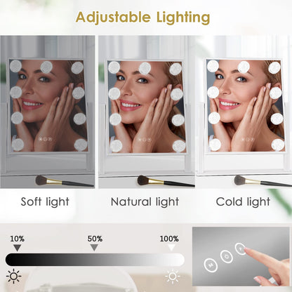 Lighted Makeup Mirror Hollywood Mirror Vanity Mirror with Lights, Touch Control Design 3 Colors Dimable LED Bulbs, Detachable 10X Magnification, 360°Rotation, (White) 12" L x 14" W
